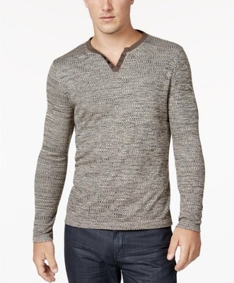New! Alfani Men's V-Neck Textured Sweatshirt in Gray with Brown Trim size Medium