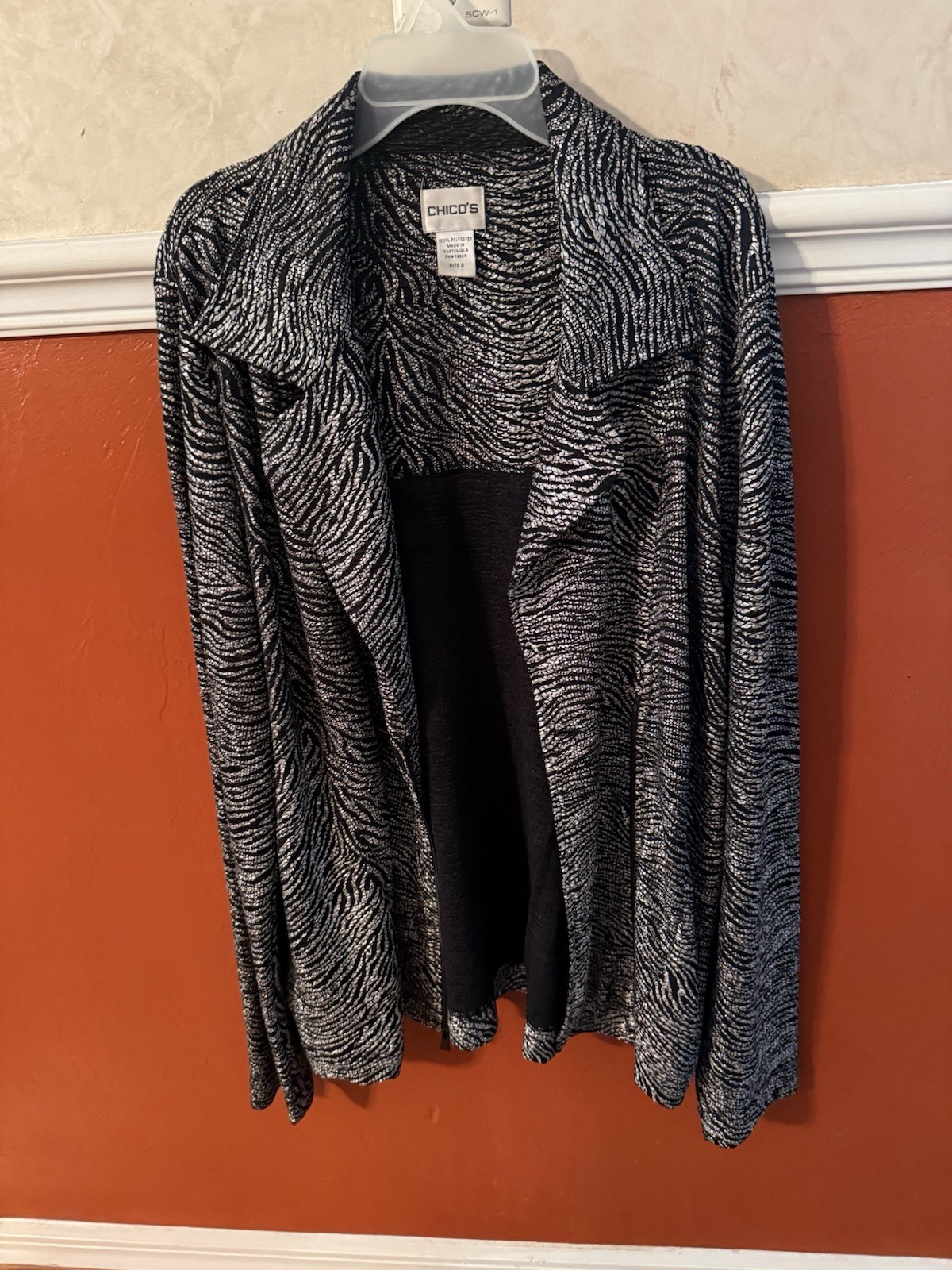 Chico's Black White Animal Print Mid-Length Jacket Size 2 100% Polyester
