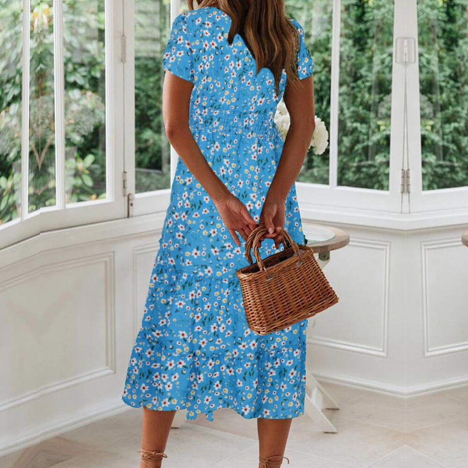 Summer Vintage Floral Sweet Holiday Beach Boho Party Midi Korean Elegant Split Sexy Dress