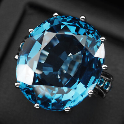 Vibrant Intense Blue Zircon 38.80Ct 925 Sterling Silver Handmade Rings Size 6.75
