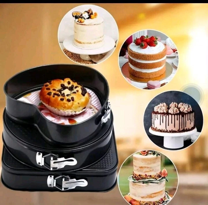 Cake Tin Set of 3 Spring Form Heart, Round & Square Shape with Removable Bottoms