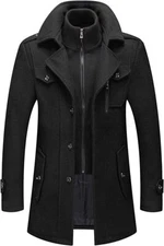 Men's Thermal Single Breasted Wool Blend Coat Business Peacoat Detachable Zipper