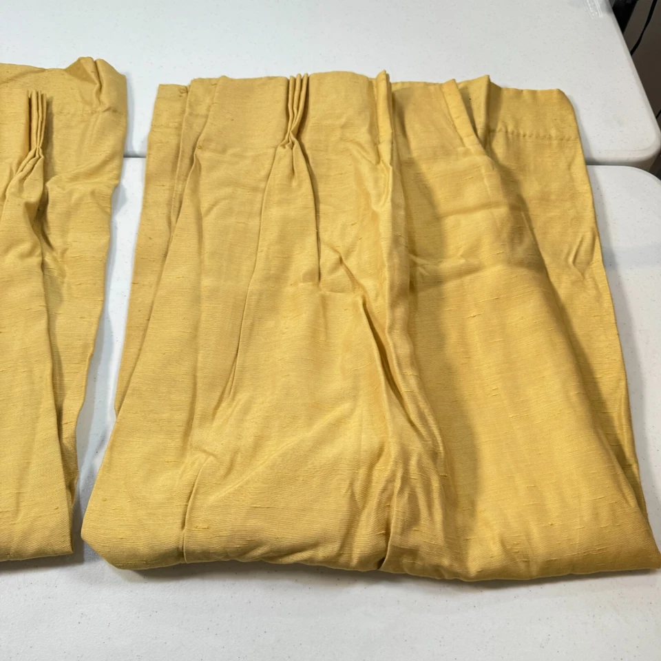 vintage pinch pleat drapes curtain panel pair gold solid color mcm retro boho - Image 3 of 4