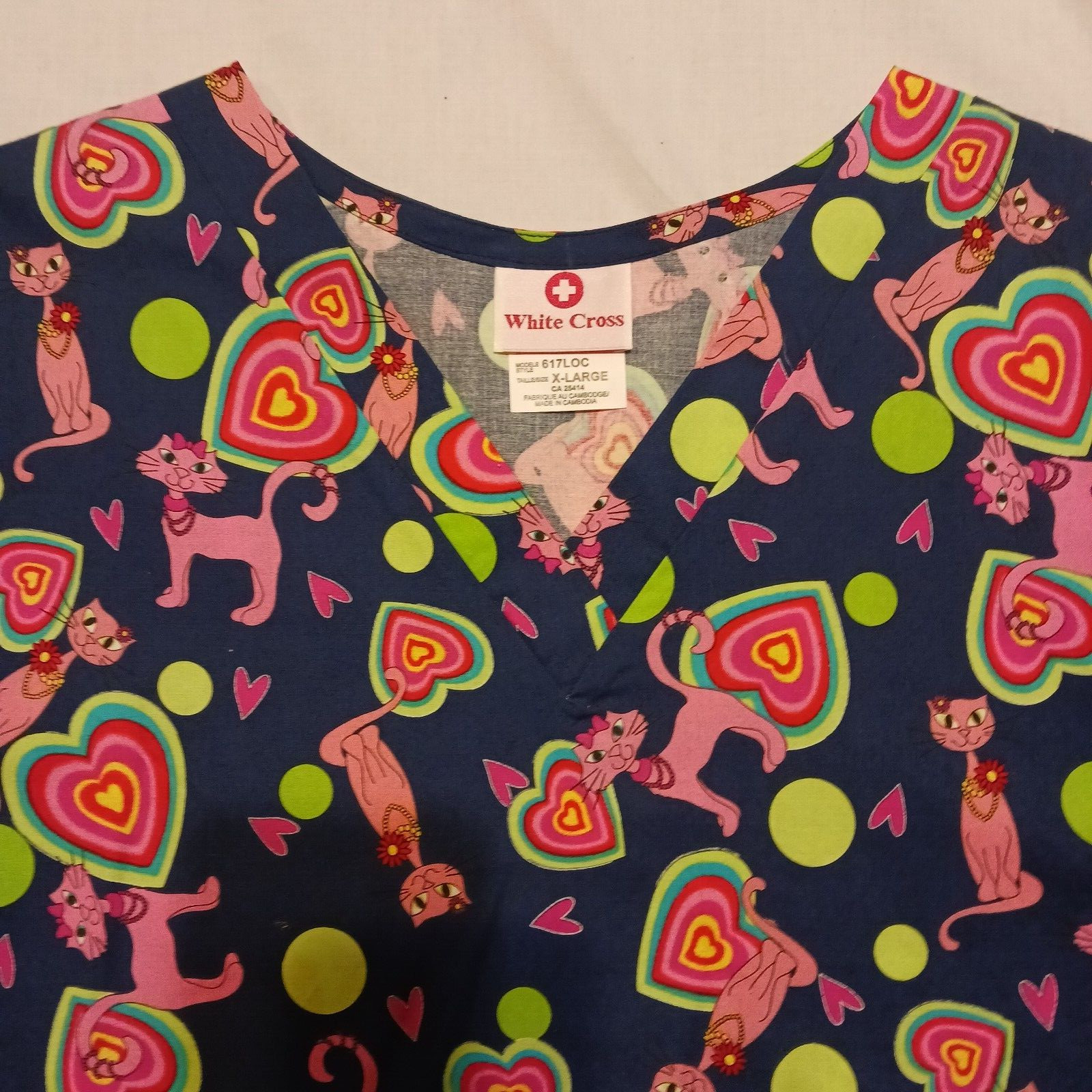5 WHITE CROSS Women's L Scrub Tops CATS , 3 button up Bears, Noah's Ark, Floral