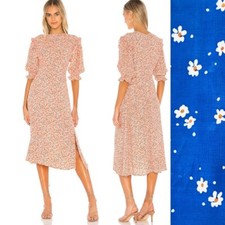 NWT Faithfull The Brand Jean Marie Midi Betina Floral Crepe Dress Blue US 8 L 