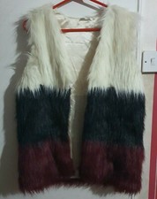 Faux Fur Black Cream & Red Fluffy Sleeveless Overcoat Jacket Size S Uk 14
