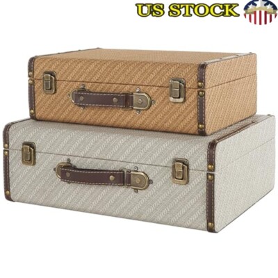 Vintage Decorative Wooden Storage Trunk Set W/ Bronze Latches Large Box 2 Pcs