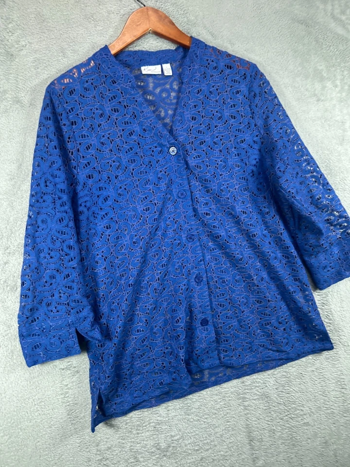 Blusa top camisas grandes Kim Rogers abotonadas azul encaje manga 3/4 para mujer Foto 2 de 4