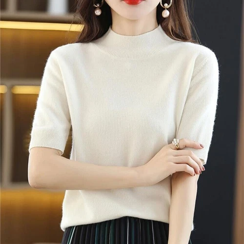 Damen-Strickpullover Kunstkaschmir kurzärmeliges Oberteil Mock Neck Overall Strickwaren - Bild 7 von 31