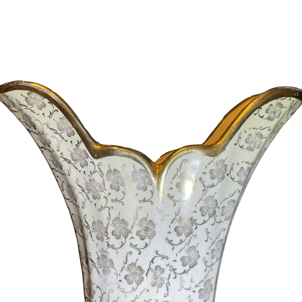 Vaso de cerâmica chique trevo de quatro folhas dourado floral Zanesville Ohio 11,5" - Imagem 4 de 4