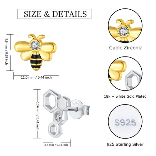 Silver Bee Honeycomb Earrings for Women,925 Sterling Silver Yellow Gold Honeycom - Picture 6 of 6