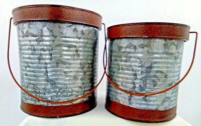 Galvanized Metal buckets w Handles Silver Gray Design Rusted Look Bands Set of 2
