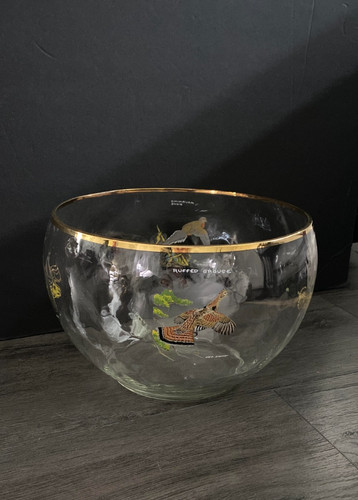 Rare Vintage Ned Smith Optic Punch Bowl Barware Four Fowl, Vibrant Graphics, Sig