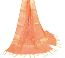 Sushila Vintage Peach Orange Dupatta Art Cotton Silk Woven Banarasi Long Stole