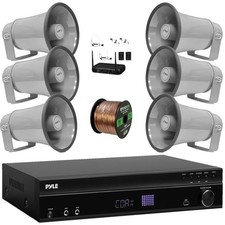 Pyle USB-A FM Receiver, 6x 8.1'' Indoor/Outdoor PA Horn Speakers W/ Wireless Mic