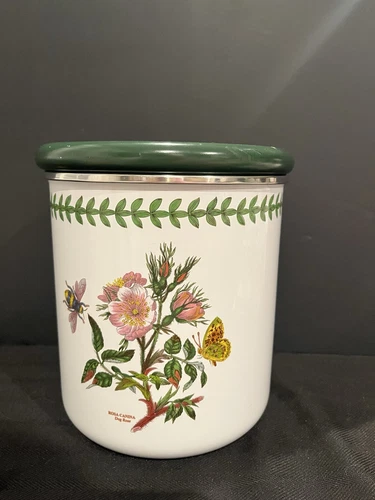 PORTMEIRION Botanic Garden Green Wood Top Metal Canister 6 3/4" ~ Read