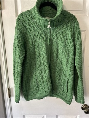 aran crafts Ireland Women's Full Zip 100% Merino Wool Sweater Green Size M