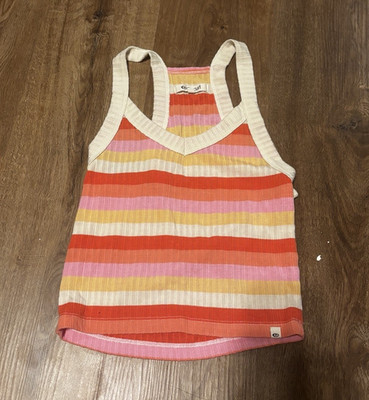 Ripcurl Maternity S Striped Rib Knit Racerback V-Neck Tank Orange Pink