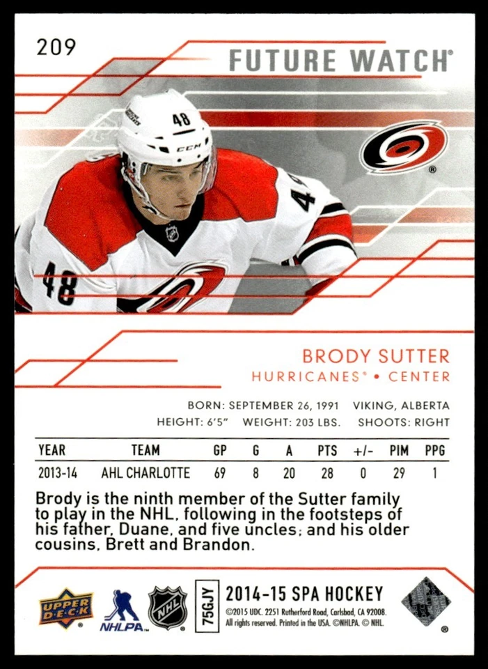 2014-15 SP Authentic FUTURE WATCH Brody Sutter 662/999 Carolina Hurricanes #209 - Image 2 of 2