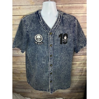 Retro Distrikt Denim Baseball Shirt Men s Size XL Embroidered Mr. Skulls 