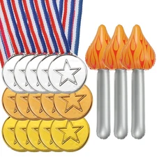 15Pcs 1.5" Plastic Gold Silver Bronze Medals with Star & 3Pcs Inflatable Torch