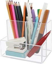 Desktop Clear Pen Holder with 3 Compartments, Acrylic Pencil Transparent