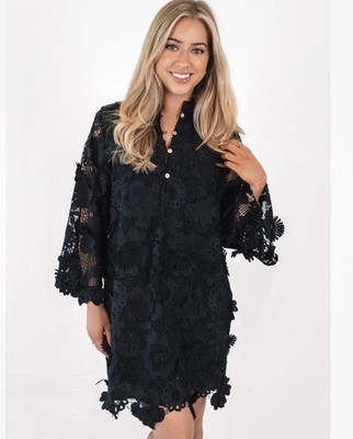 J.Marie Seraphina Shift Dress X-Small Black Floral 3D Lace 3/4 Sleeve Kaftan NWT