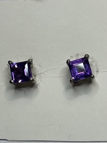 Stunning Sterling Silver 925 Princess Cut Amethyst Stud Earrings