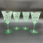 4 - Depression Era Green Uranium Wine/Water Glasses w/ Etched Flower Vine Design
