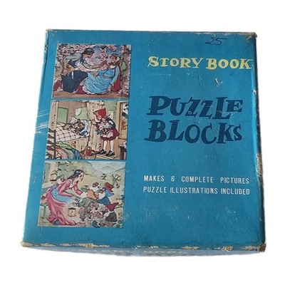 VTG 1940s Story Book Puzzle Blocks Set Picture Cubes 6 Fairy Tale Scenes COMPLET