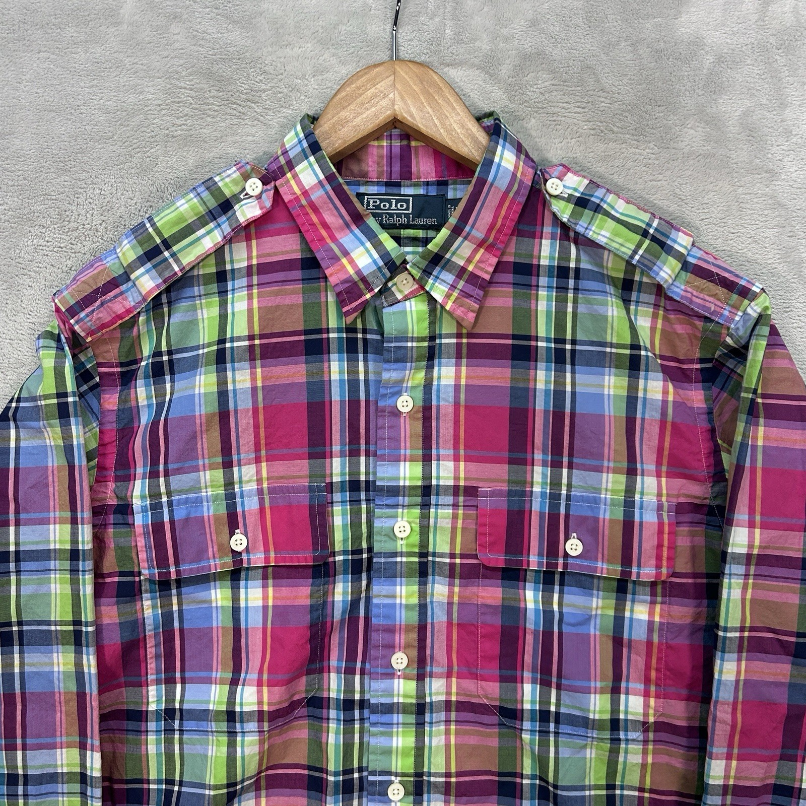 Vtg Polo Ralph Lauren Military Style Long Sleeve Button Shirt Men's Large Plaid. thumbnail 3