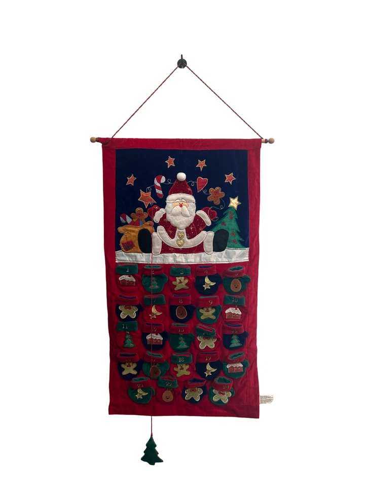 Vintage Fabric Santa Mitten Pocket Advent Calendar Wall Hanging Christmas 2001 - Image 2 of 4
