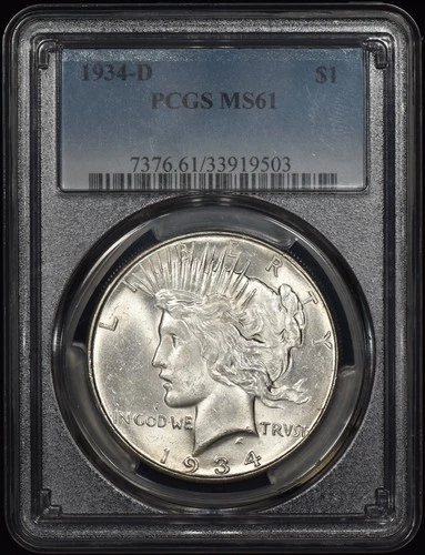 1934-D Peace Silver Dollar $1 PCGS MS61 - White & Lustrous!