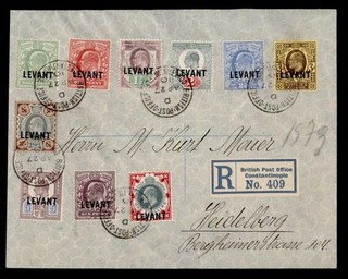 DR WHO 1910 LEVANTAMIENTO BRITÁNICO EMBALAJE ORIGINAL REGISTRADO CONSTANTINOPLA A ALEMANIA R75832