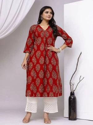 NAYO Indische Damen SCHÖNE Baumwolle weinrot Blumendruck Kurta Kurti Top Tunika...