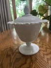 Vintage Indiana Glass MILK GLASS Footed COMPOTE W/ LID GRAPE Design Lace edge