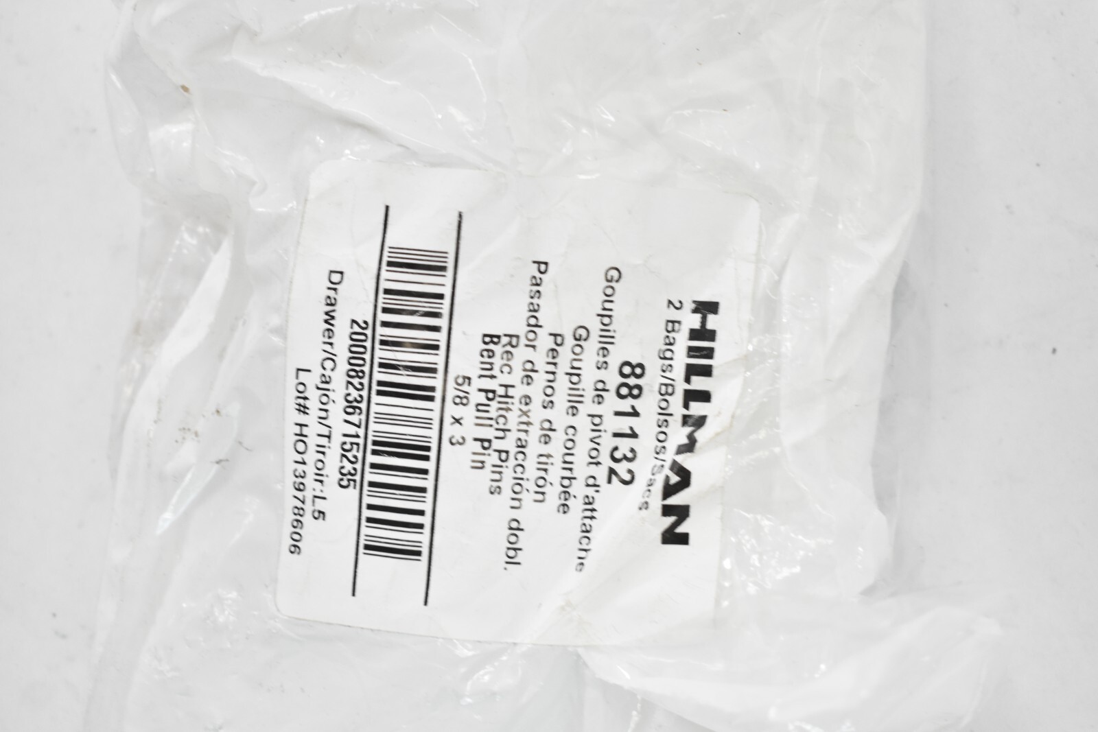 Lot of 2 Hillman Hitch Pin Bent Pull Zinc Plated 5/8" x 3" 881132 Tools