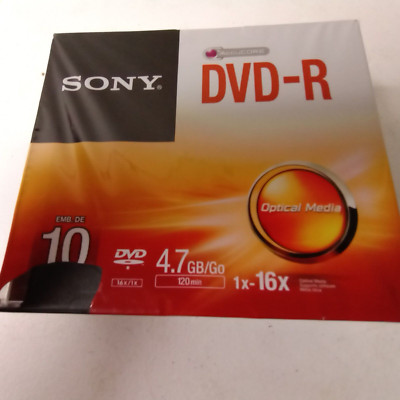 New Sony Accucore DVD-R 10 Pack Optical Media 1X-16X, 4.7GB/Go, 120 Min.