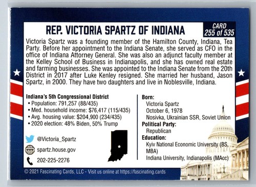 2021 Fascinating Cards 117th US Congress Victoria Spartz Rookie Indiana GOP #255 - Picture 2 of 2