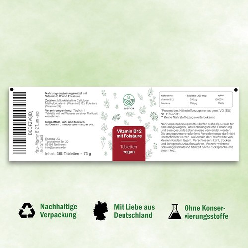 Vitamin B12 - 365 Tabletten - 250µg Vit B12 + 200µg Folsäure - Vegan - Bild 7 von 7