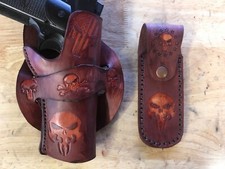 Handmade Leather Gun Holster mag pouch 1911 Punisher Carving
