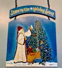 Santa Claus Folk Art Wooden Christmas Holiday Spirit Plaque Wood Sign 11"x 14"