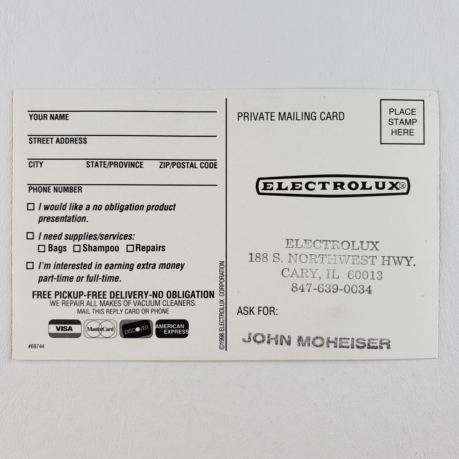 Electrolux Vacuum Cary Illinois Postcard 1990s Salesman Trade Card Ad