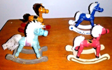 Vintage Wooden Rocking Horses Handcrafted Miniature w/ Yarn Mane Set of 4 RARE