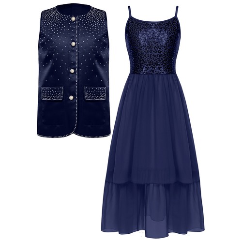 Girls~Sequin Chiffon Maxi Dress Rhinestone Vest 2 Piece Outfits Wedding Party - Picture 33 of 66