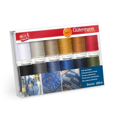 Gutermann Thread Set Denim Shades 12 x 100M Assorted Blue Colors for Sewing