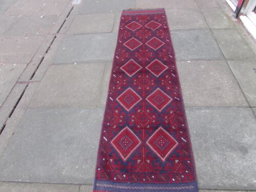 Vintage Hand Made Afghan Mushvani Oriental Red Wool Narrow Runner 260x63cm - Afbeelding 1 van 15
