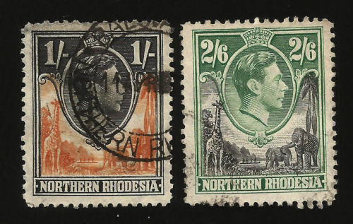 1938 RHODESIA NORD 2/6 +1/ USATO PER POSTA SG 40 41 KING GEORGE ELEFANTE GIRAFFA - Foto 1 di 1