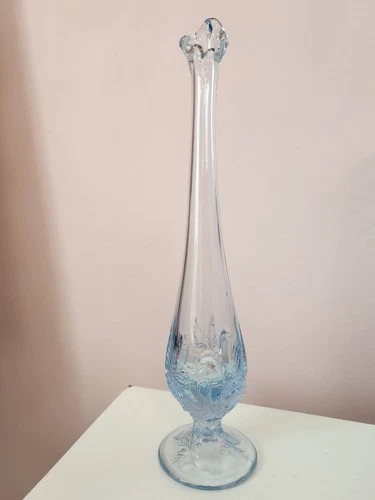 Fenton Blue Opalescent Swung Vase Strawberries