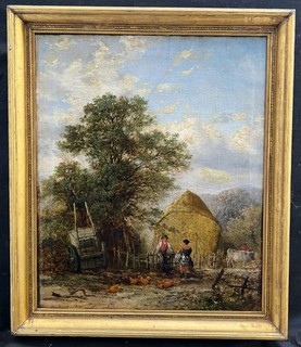 'FARMYARD CONVERSATION' LARGE MID 19th C. OIL ON CANVAS Antique Oil Painting
